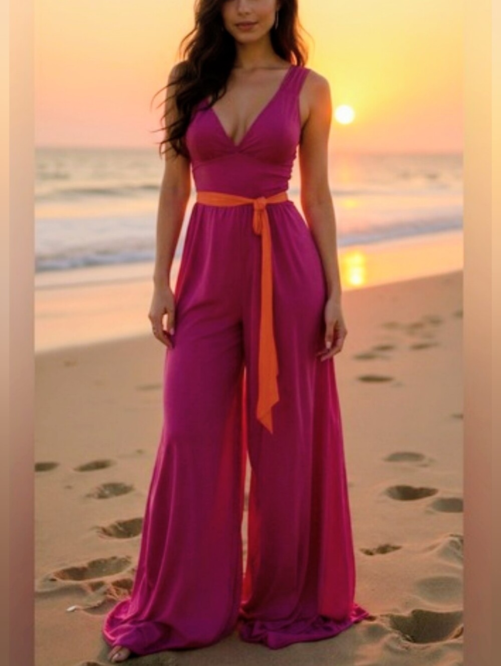 Free People Sleeveless Magenta Wide-Leg Jumpsuit with Contrast Tie Medium
